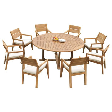 9-Piece Outdoor Teak Dining Set: 72" Round Table, 8 Celo Stacking Arm Chairs
