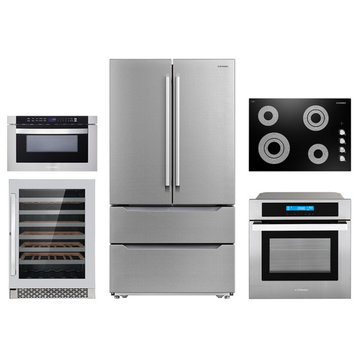 5PC, 30" Cooktop 24" Wine Cooler 24" Wall Oven 30" Microwave & Refrigerator