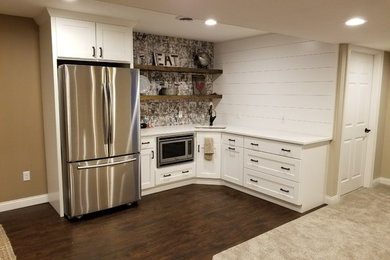 Basement - mid-sized transitional underground dark wood floor and brown floor basement idea in Milwaukee with beige walls