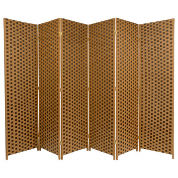 Contemporary 6 Panels Room Divider, Woven Checkerboard Design, Dark Brown