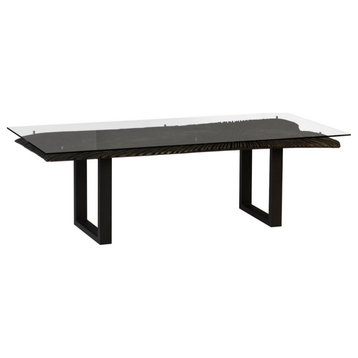 Chainsaw Dining Table with Glass, Chamcha Wood, Burnt Black, Black Iron U Legs