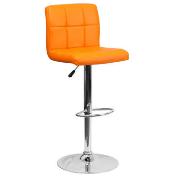 Contemporary Orange Quilted Vinyl Adjustable Height Barstool With Chrome Base