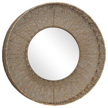 Metallic Gold Pierced Metal Round Wall Mirror With Ornate Floral Pattern