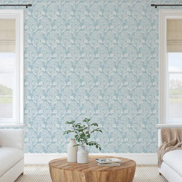 Cornflower Blue Floral Damask Peel and Stick Wallpaper