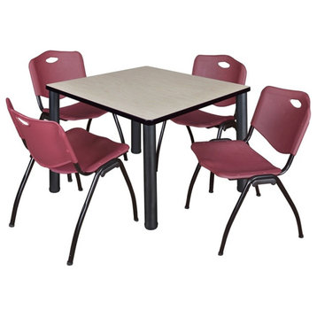 Kee 36" Square Breakroom Table, Maple, Black and 4 'M' Stack Chairs, Burgundy