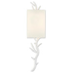 Currey & Company - Baneberry Wall Sconce, Left - The Baneberry Wall Sconce, Left, is made of wrought iron in a Gesso white finish with flowing stems reaching through the off-white shantung shade. The white wall sconce is one of a pair, the Baneberry Wall Sconce, Right, perfect for placing on each side of a painting or a fireplace.