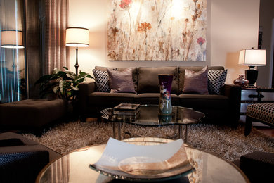 Example of a mid-sized trendy medium tone wood floor living room design in DC Metro