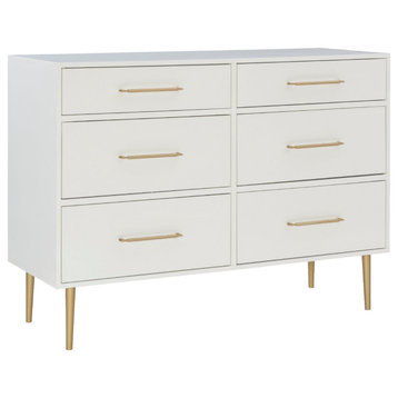 Elegant Double Dresser, Drawers With Golden Sculpted Pulls & Slender Metal Legs