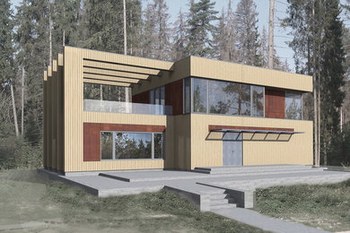Пример оригинального дизайна: маленький, двухэтажный, деревянный, бежевый дом в стиле модернизм с плоской крышей для на участке и в саду