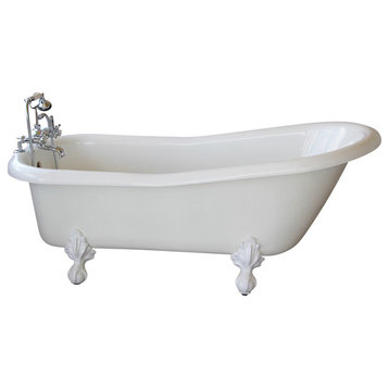 Ambassador White Slipper Clawfoot Tub With White Feet, Wall Drilled Faucets