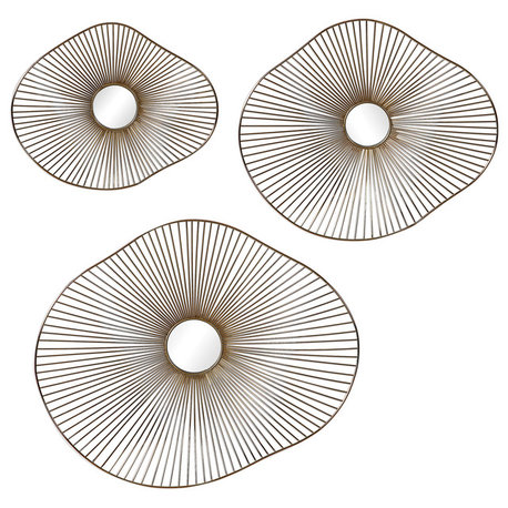 Modern Mirrored Gold Wall Sculpture Set 3 | Flower Sunburst Organic Shape Open