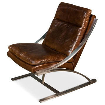 Modern Stainless Steel and Brown Leather Chair