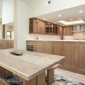 Transitional Open Kitchen with Natural Walnut Cabinetry