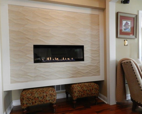 American Hearth Direct Vent Boulevard Linear Gas Fireplace with custom wall and tile by Rettinger Fireplace Systems
