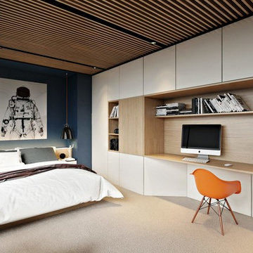 Modern Bedroom Interior with the Space Spirit. 3D Rendering
