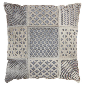Mina Victory Natural Leather Hide Cut Out Tiles Throw Pillow, Gray