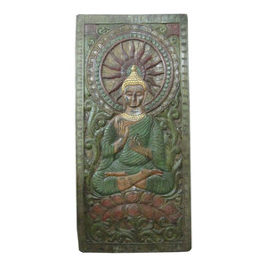 Mogul Interior - Consigned Indian Wall Panel Buddha In Dharma Chakra Mudra Green Patina 72" X 36" - Wall Decor