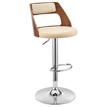 Itzan Adjustable Swivel Faux Leather and Wood Bar Stool With Metal Base, Cream, Walnut, and Chrome