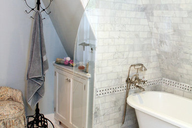 Bathroom - mid-sized country white tile and marble tile marble floor and white floor bathroom idea in Other with dark wood cabinets, a one-piece toilet, a drop-in sink, blue walls and marble countertops