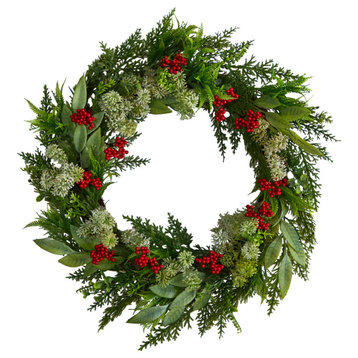 W1273 24 Cedar, Eucalyptus and Berries Artificial Christmas Wreath