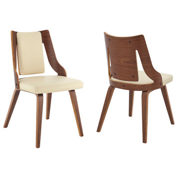 Aniston Faux Leather and Walnut Wood Dining Chairs Set of 2, Cream and Walnut
