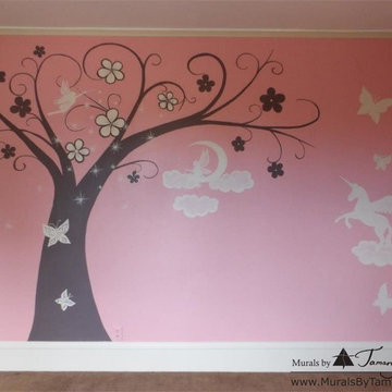 Pink girl's princess room with fairies, unicorns and butterflies
