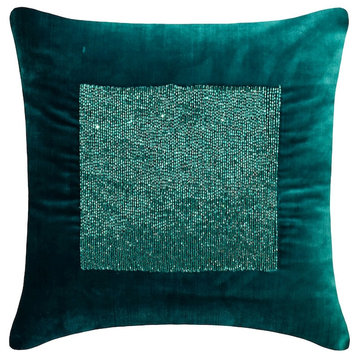 Teal Blue Velvet Beaded Chevron 16"x16" Throw Pillow Cover Esquire Teal