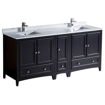 Oxford 72" Espresso Traditional Double Sink Bathroom Cabinets w/ Top & Sinks