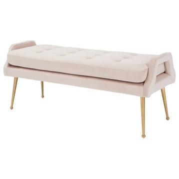 Contemporary Upholstered Bench, Sleek Golden Legs With Tufted Seat, Pink