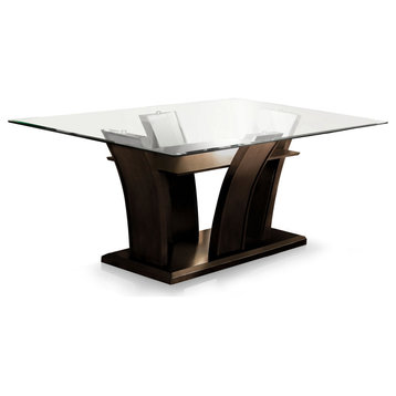 Contemporary Dining Table, Curved Wooden Pedestal Base & Rectangular Glass Top