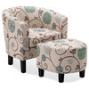 Accent Chair w/ Ottoman Round Arms Curved Back French Print Script,Beige Floral