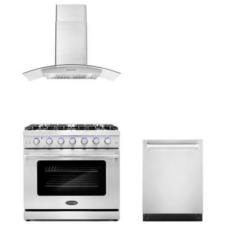 3-Piece, 36" Gas Range, 36" Wall Mount Range Hood and 24" Dishwasher