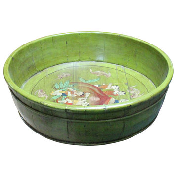 Chinese Vintage Distressed Green Graphic Round Shape Wood Bucket Hcs5092