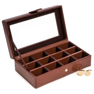 Brown Leather 12 Cufflink Box With Glass Top and Snap Closure