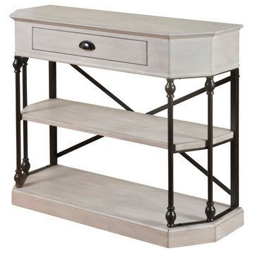 Unique Console Table, Corner Design With Large Drawer & Shelves, Antique White