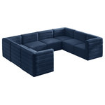 Meridian Furniture - Quincy Velvet Upholstered 8-Piece U-Shaped Modular Sectional, Navy - Show them all that less is more with the minimalist look of this Quincy velvet cloud-like comfort modular sectional. This elegant chair features a simple design that's all about comfort and modern style. The soft navy velvet upholstery is sleek to the touch, and the back of the unit features deep horizontal channel tufting for a look that wows. Because this is a modular seating option, you can pair it easily with other items in the Quincy collection to create a look you love. Latches underneath make it easy to mix and match items from the collection.