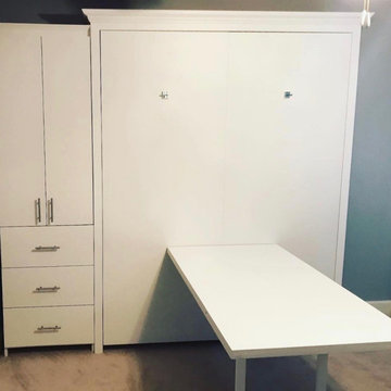 Vertical Queen Murphy Bed Cabinet with Side Storage in White