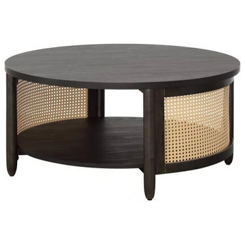 Retro Coffee Table, Round Design With Rattan Sides & Open Shelf, Charcoal