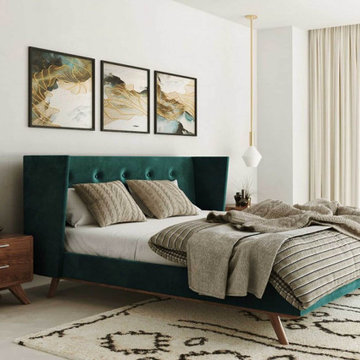 Emerald Modern Green Fabric & Walnut Bed
