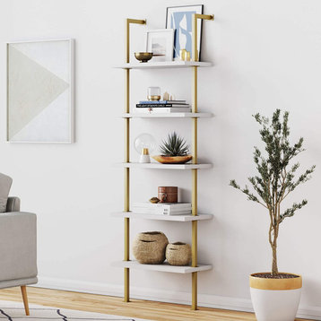 Theo 5-Shelf Modern Bookcase with Industrial Metal Frame, White/Gold