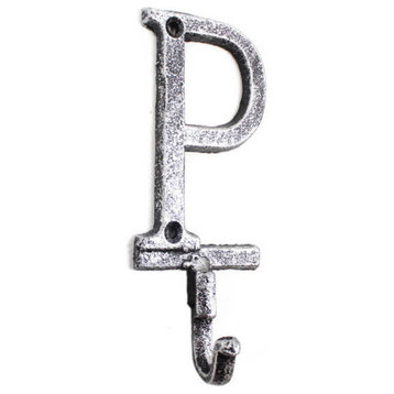 Rustic Silver Cast Iron Letter P Alphabet Wall Hook 6''