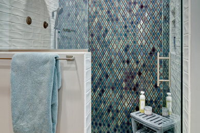 Transitional master multicolored tile and ceramic tile mosaic tile floor and blue floor double shower photo in Minneapolis with multicolored walls, a hinged shower door and a niche
