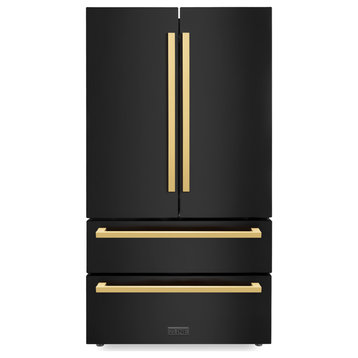 Autograph Refrigerator, Black Stainless With Flat Gold Handles, RFMZ-36-BS-FG