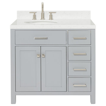 Ariel Bristol 36" Single Left Oval Sink Bathroom Vanity, Carrara Quartz, Grey