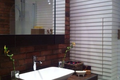 Bathroom - mid-sized modern master white tile and ceramic tile ceramic tile bathroom idea in Moscow with a vessel sink, tile countertops and white walls