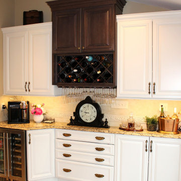 Transitional Custom Kitchen With A Wood Hood, Cherry Island And A Wine Bar