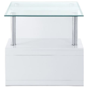 End Table, Clear Glass and White High Gloss Finish