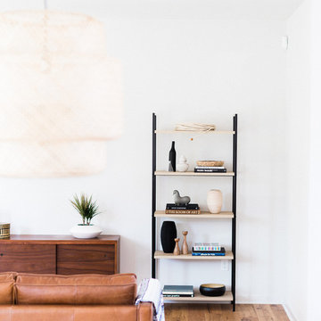 Living Room with Modern Shelving and MIdcentury Credenza