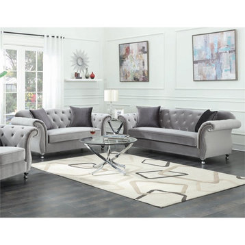 Coaster 2-Piece Contemporary Upholstery Button Tufted Velvet Sofa Set in Silver