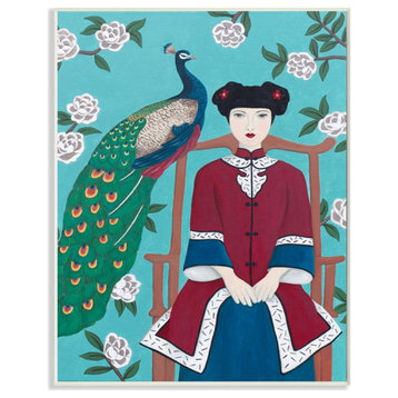Chinese Woman And Peacock Flower Pattern Blue Red Painting, 13"x19"
